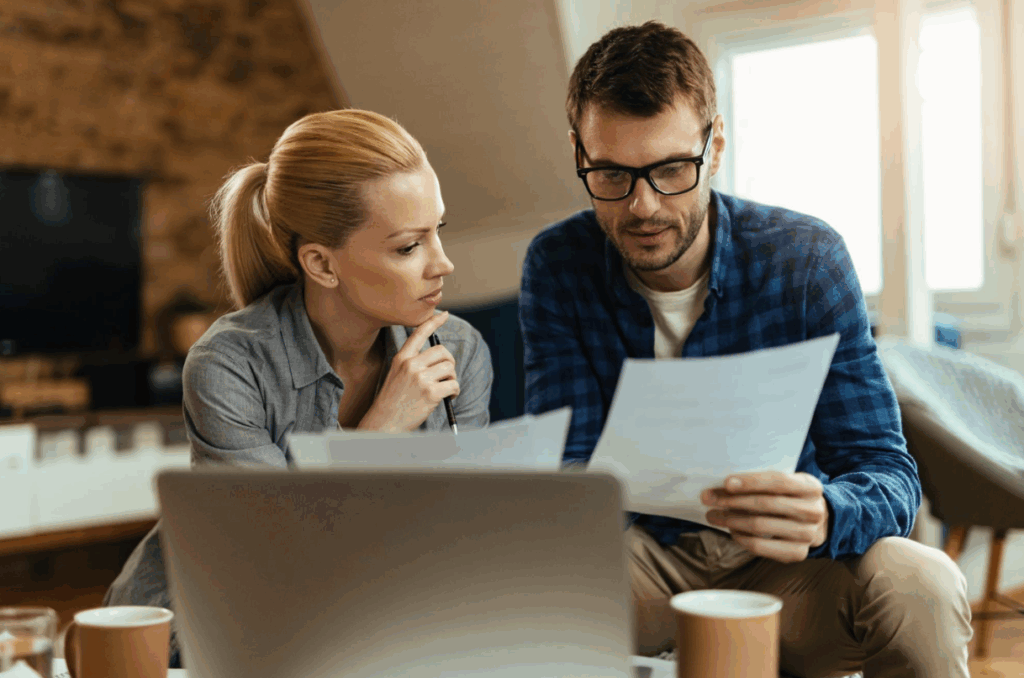 On aperçoit un homme et une femme chez eux devant leur ordinateur avec une feuille à la main
