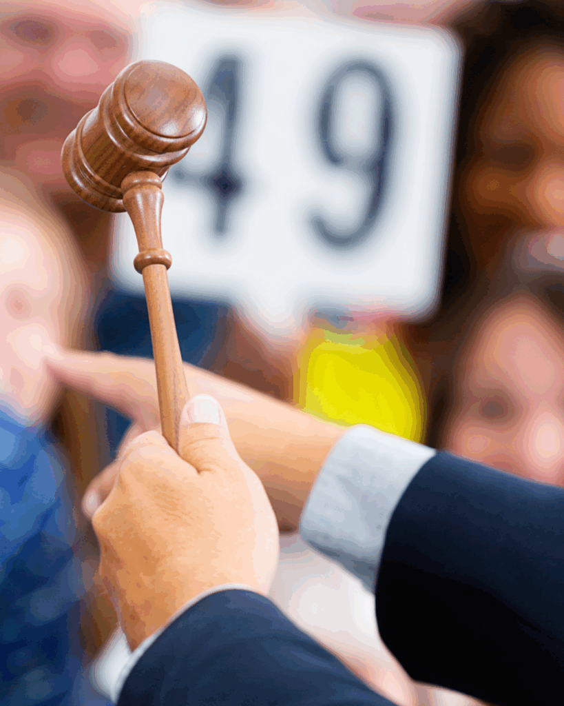 Un commissaire-priseur brandit son marteau lors d'une vente aux enchères animée, tandis qu'un participant lève une pancarte numérotée pour enchérir. Un commissaire-priseur brandit son marteau lors d'une vente aux enchères animée, tandis qu'un participant lève une pancarte numérotée pour enchérir. Un commissaire-priseur brandit son marteau lors d'une vente aux enchères animée, tandis qu'un participant lève une pancarte numérotée pour enchérir.