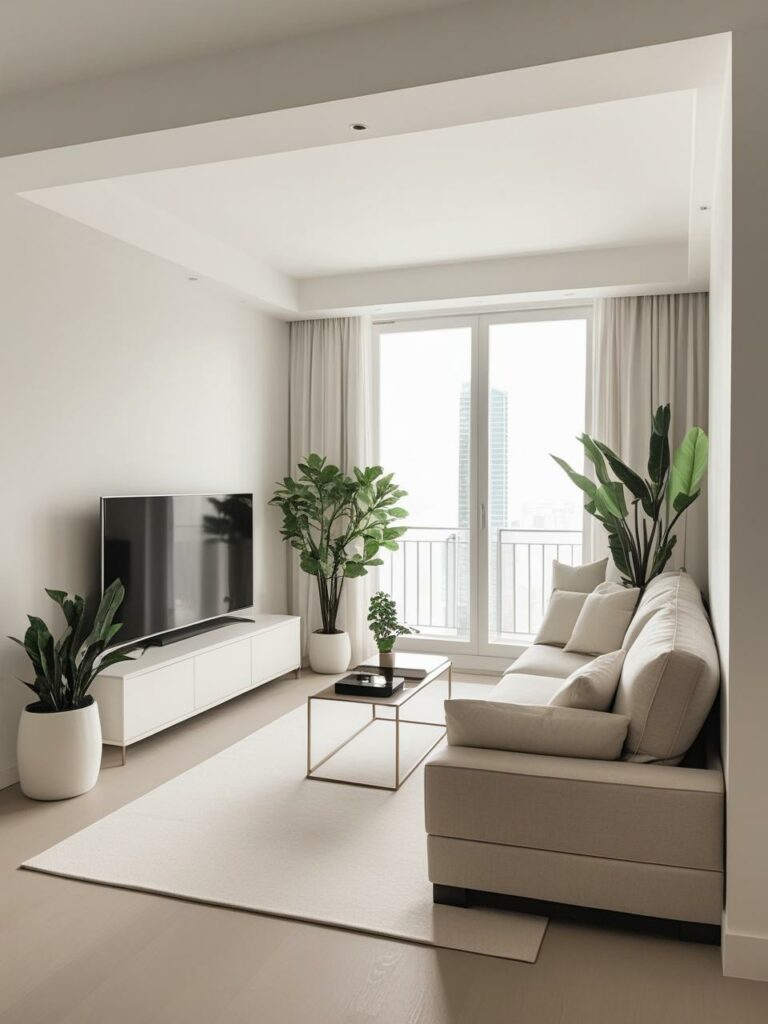 On aperçoit un salon d'appartement très minimaliste bien décoré il y a 2,3 plantes de la lumière une télé un canapé, c'est très classe