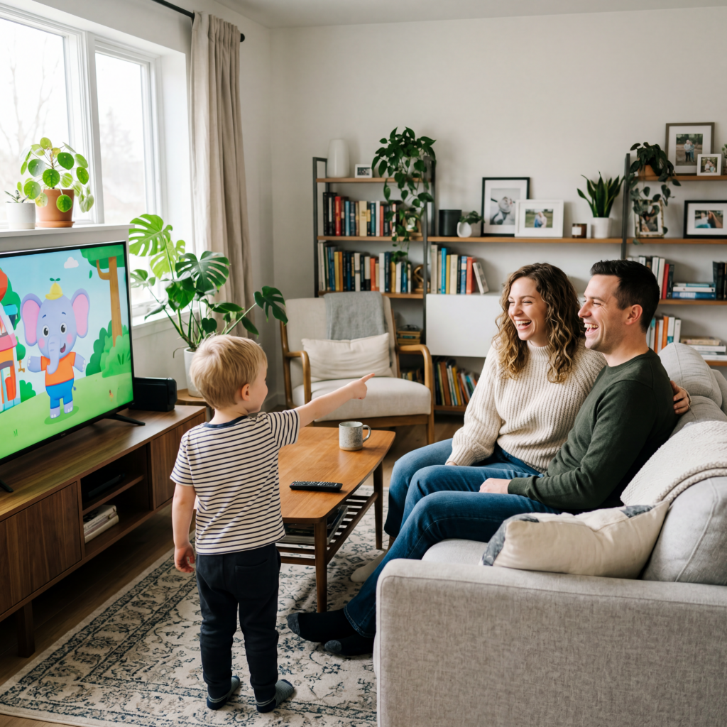 Photo d'une famille heureuse dans un salon confortable. Un couple rit sur un canapé gris pendant que leur jeune fils, debout au premier plan, montre du doigt un dessin animé d'éléphant rose sur le téléviseur. Le salon est lumineux et chaleureux.