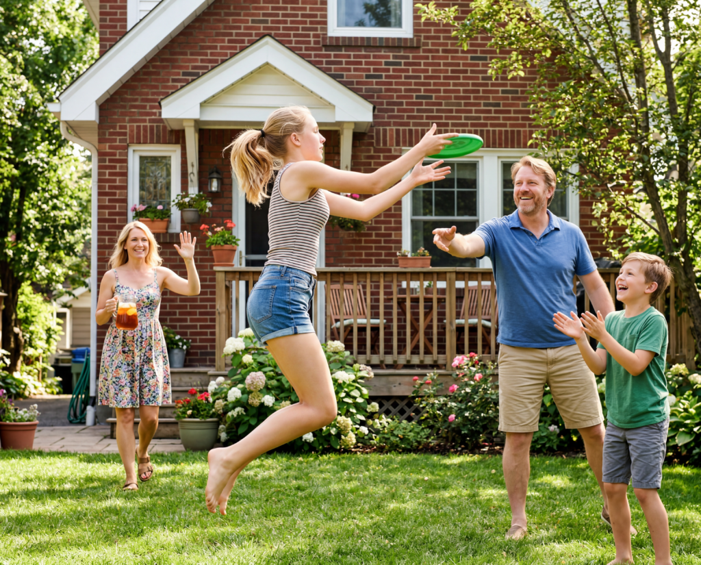 Une famille joue au frisbee dans le jardin de leur maison à Taverny, illustrant l'immobilier familial et la douceur de vivre dans le Val-d'Oise.