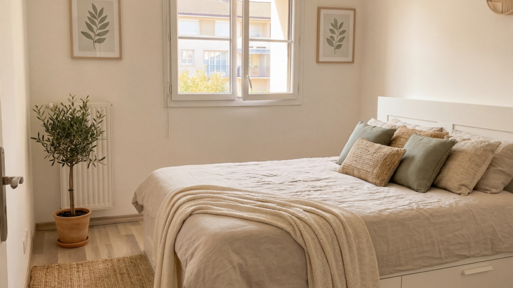 Chambre à coucher lumineuse et moderne d'un appartement F3 à Franconville, décorée dans des tons beige et sauge pour une mise en location meublée LMNP.