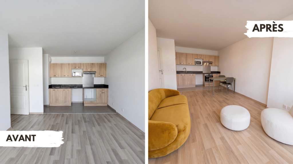 Montage avant après montrant la transformation d'un appartement vide à Franconville en un salon meublé et optimisé pour la location LMNP par France Demeure.