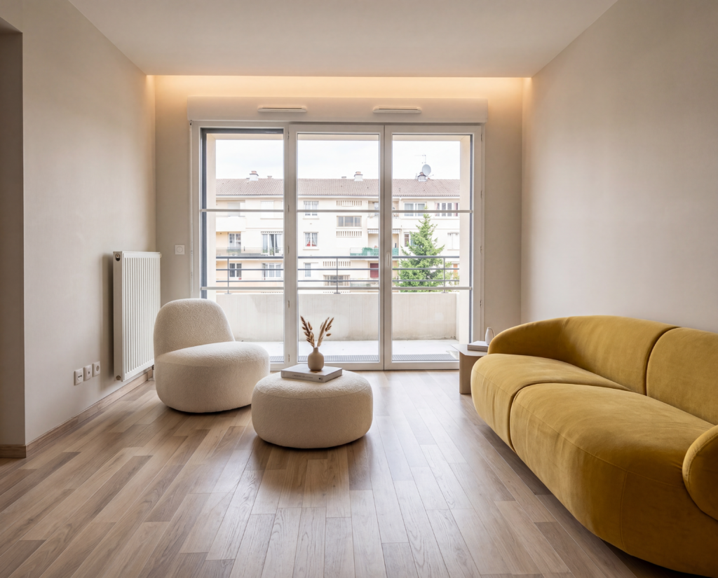 Salon d'un appartement meublé pour augmenter la rentabilité locative après un dispositif Pinel à Franconville par France Demeure.
