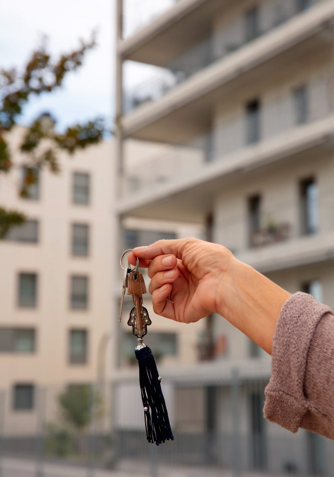 immobilier ermont france demeure Main tenant une clé d'appartement avec en fond la vue sur un appartement